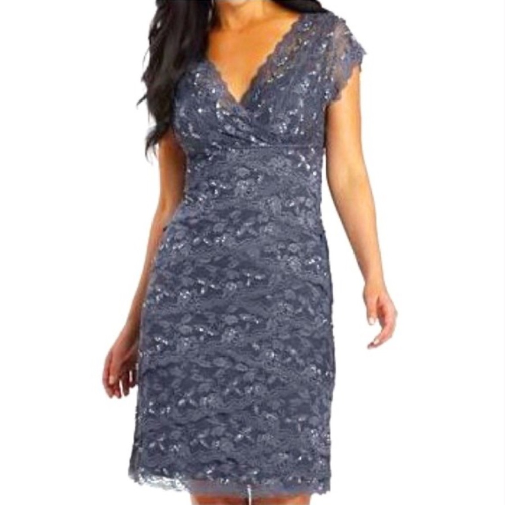 Blu Sage Y2K Prom Cocktail Dress Sz 10 Gray Sheer Lace Sequins Sleeveless Fairy